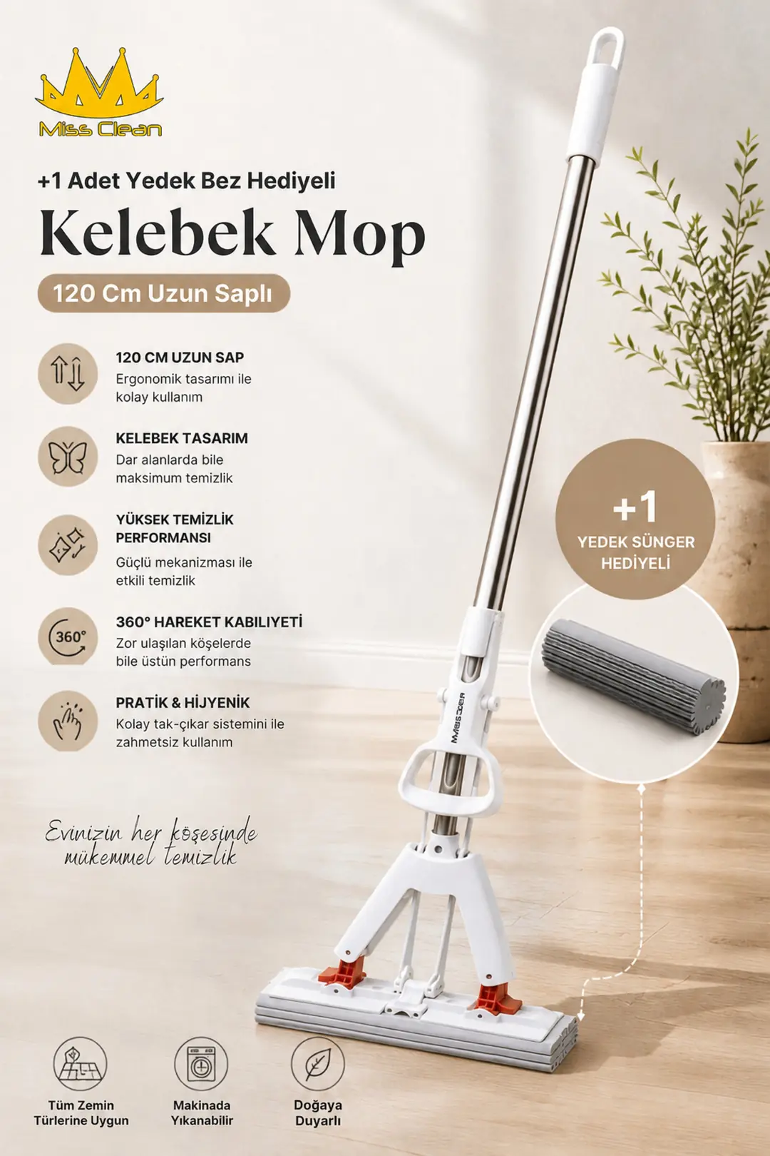 Yedek Bez Hediyeli Kelebek Mop - 120 cm Uzun Sap