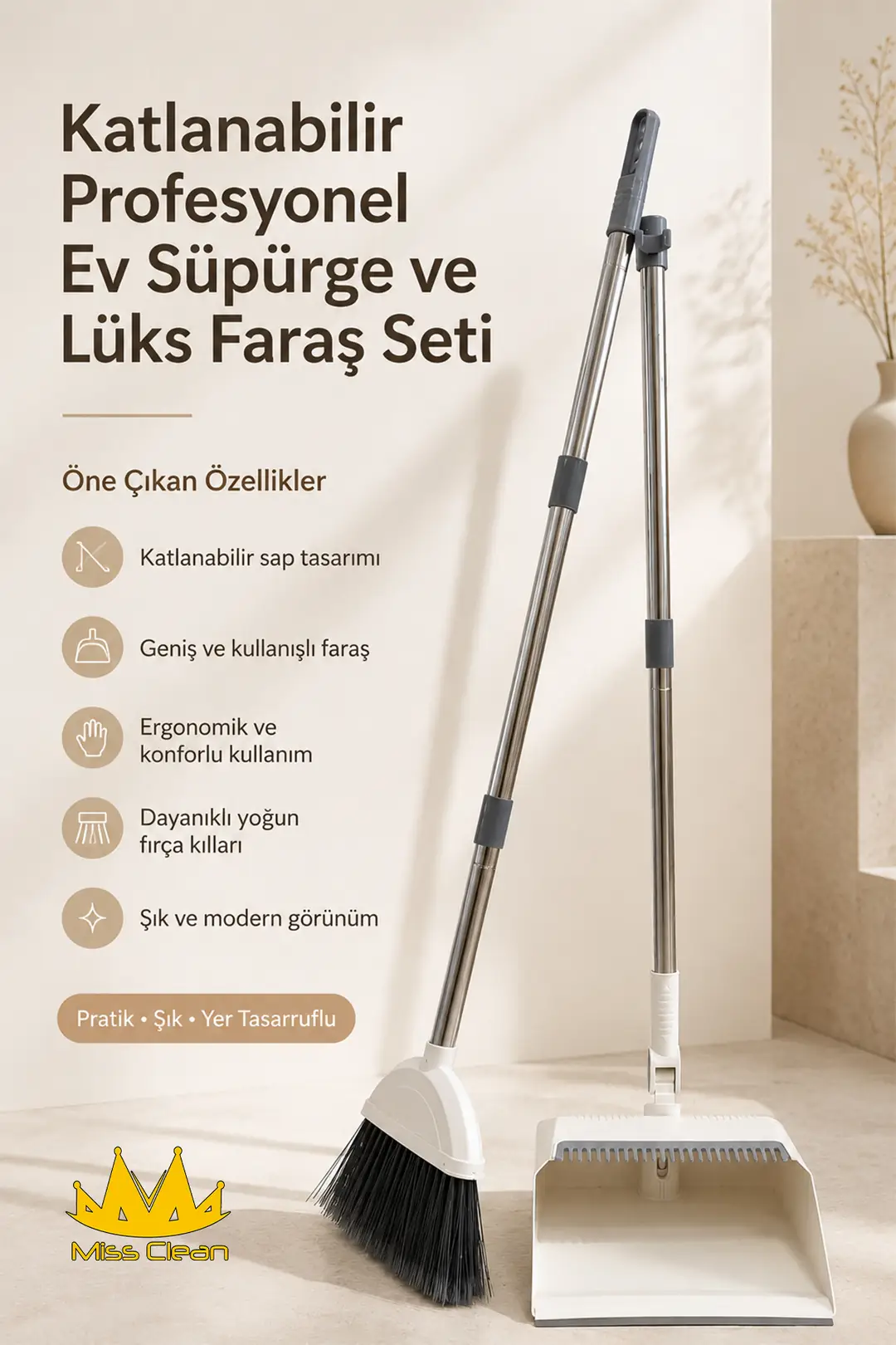 Katlanabilir Profesyonel Ev Süpürgesi ve Şık Faraş Seti - Turkuaz